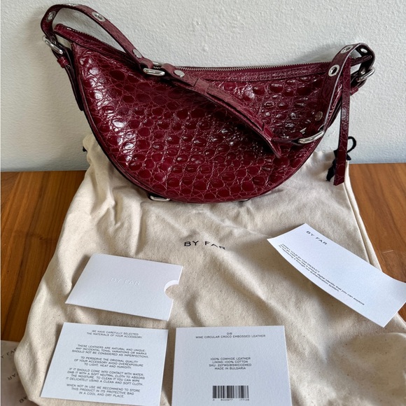 BY FAR Handbags - By Far Gib Shoulder Bag Wine Circular Croco Embossed Leather EUC